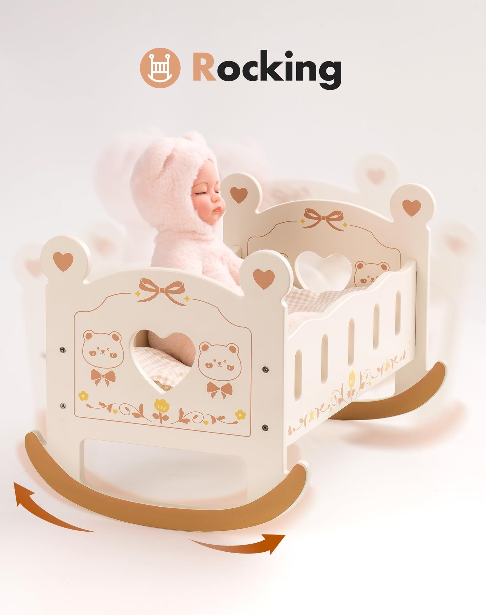 ROBOTIME Doll Crib Wooden Baby Doll Cradle Doll Bed Doll Furniture Accessories Doll Rocking Cradle With Bedding For 18 Inch Dolls